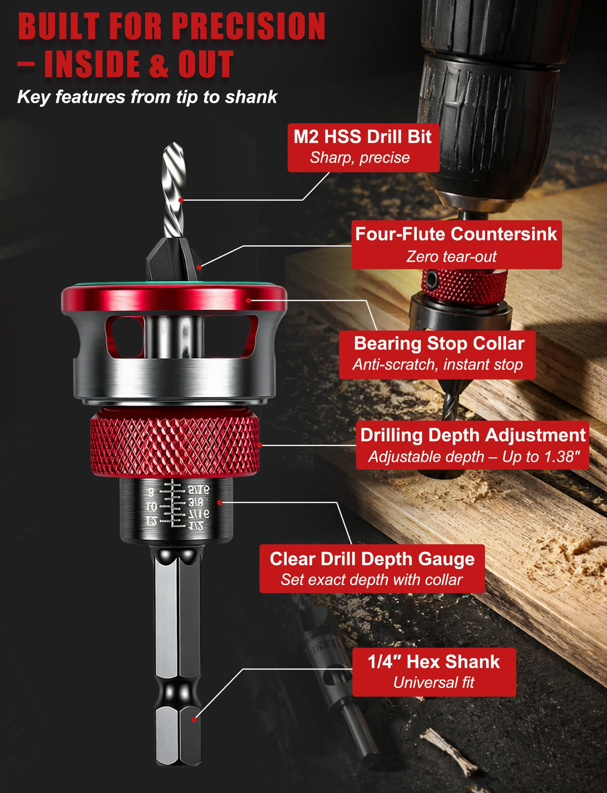 FISHFRUIT 7PCS Countersink Drill Bit Set with Adjustable Depth Stop Collar