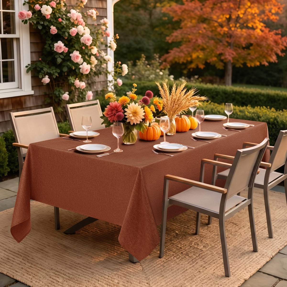 Linen Textured Fall Tablecloth Rectangular Burnt Orange, 52"x70"