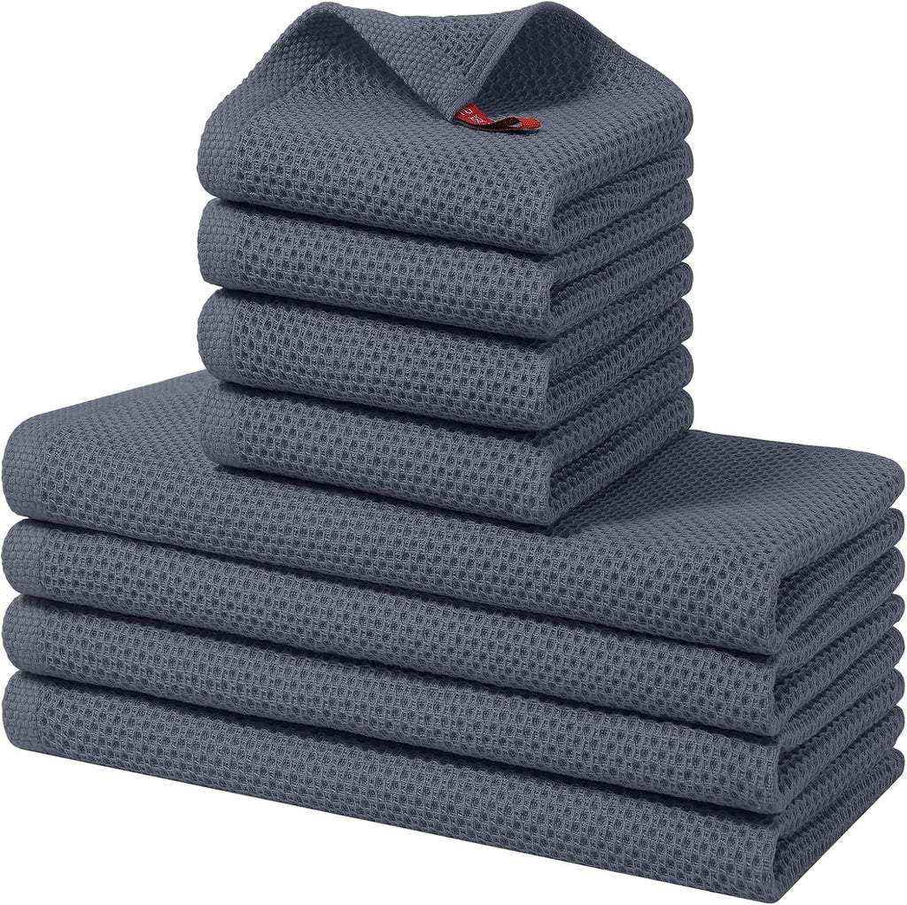 8 Pack 100% Cotton Kitchen Towels and Dishcloths Set, Dark Grey | 12 x 12 Inches and 13 x 28 Inches Kitchen Towels