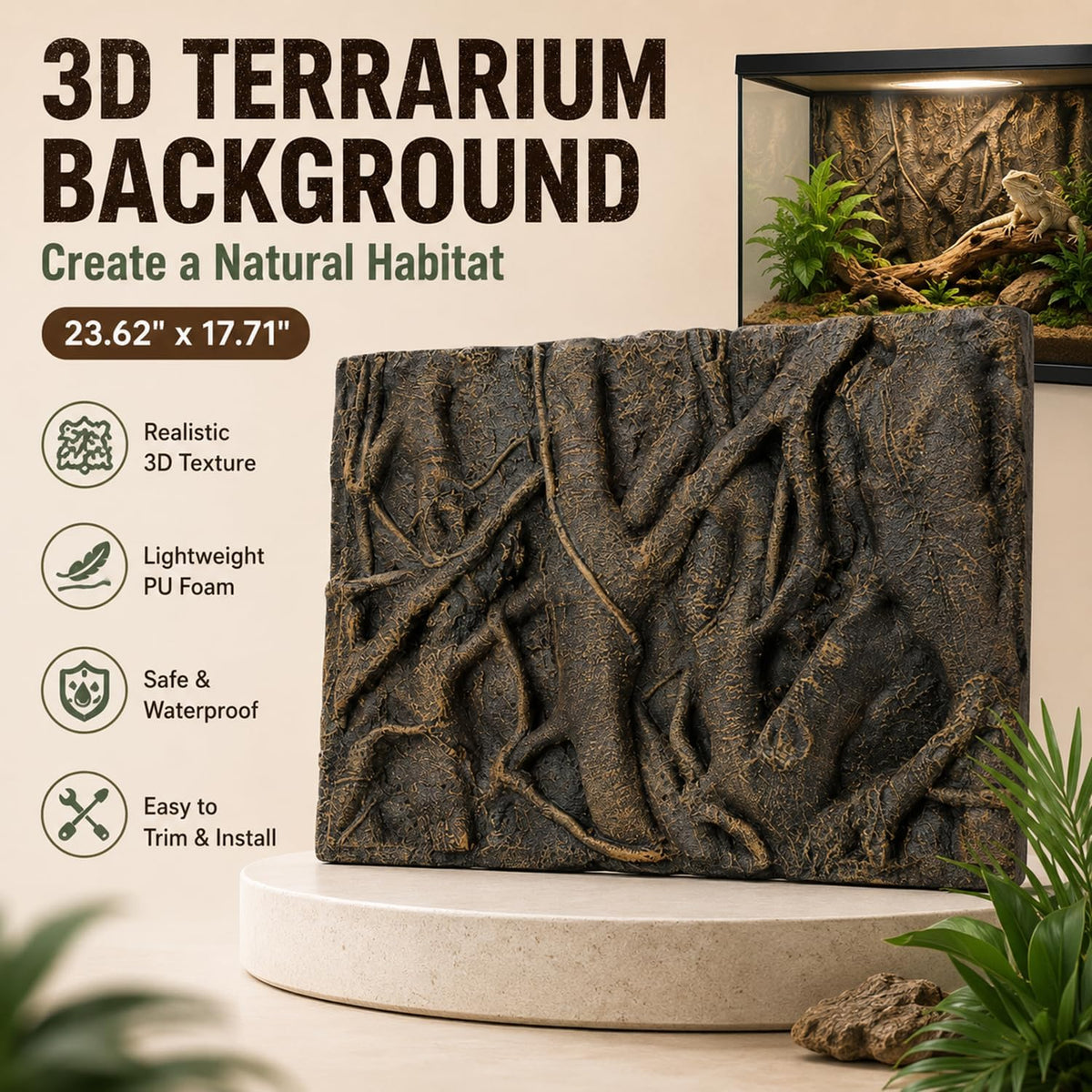 3D Reptile Tank Background 23.6x17.7 Bamboo Root Lizard Terrarium