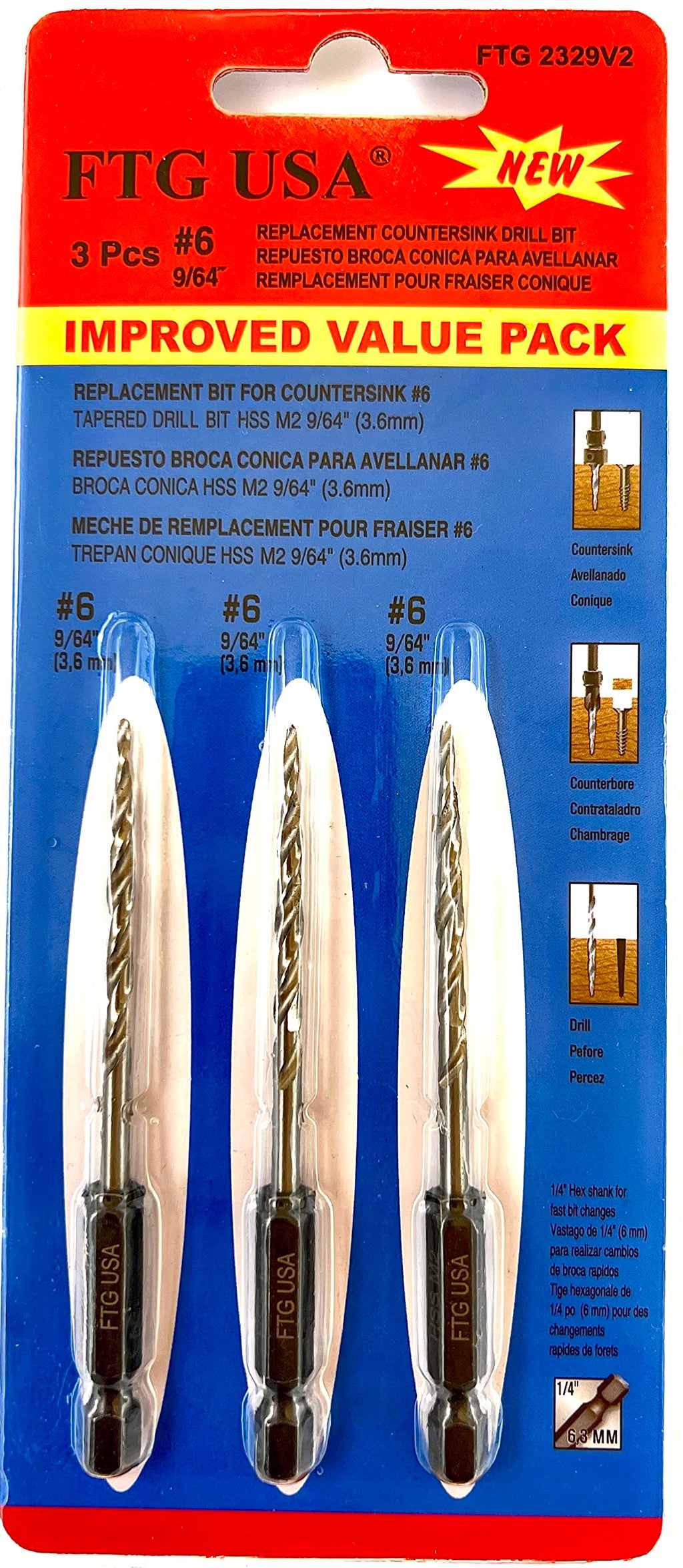 FTG USA 3Pc #6 (9/64") Replacement Countersink Drill Bit Set Tapered Bits