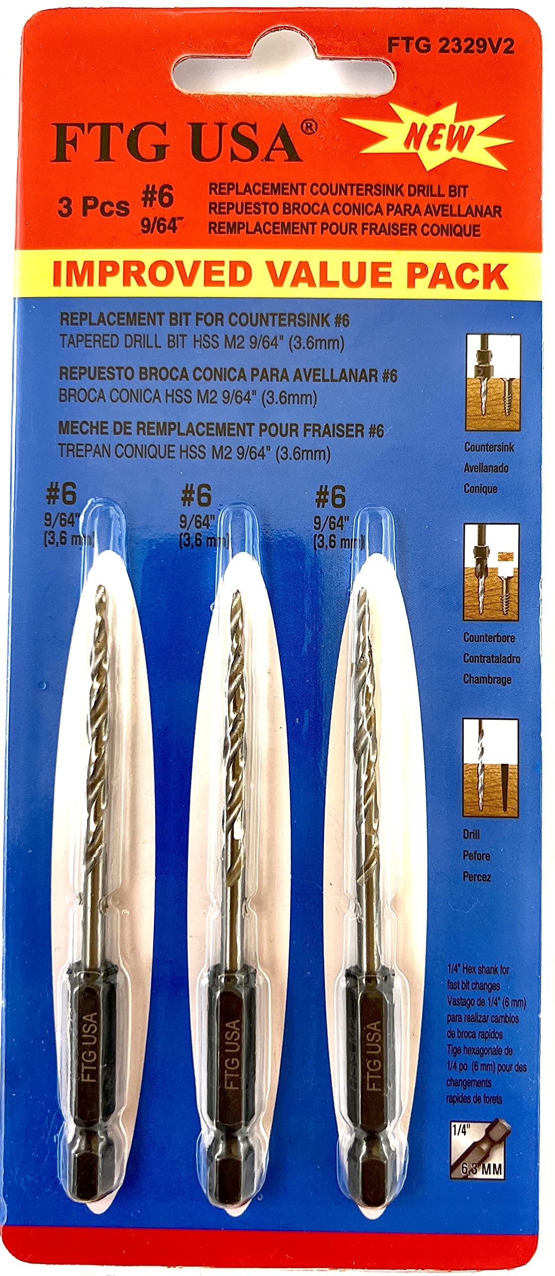 FTG USA 3Pc #6 (9/64") Replacement Countersink Drill Bit Set Tapered Bits