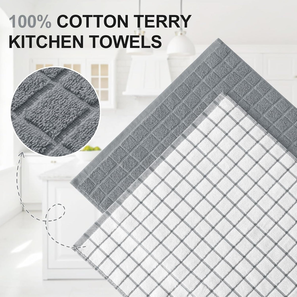 Large Premium Cotton Kitchen Towels 16"x 28", 6 Pack, Grey | Natural Ring Spun 390 GSM Dish Towels, Super Absorbent