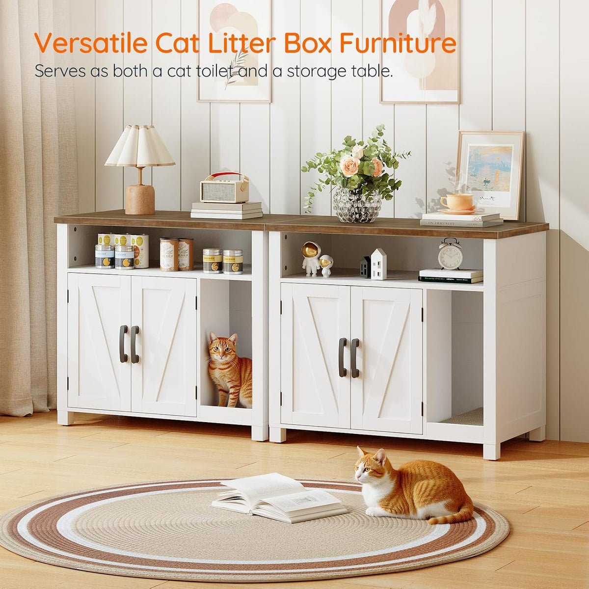 Cat Litter Box Enclosure, Farmhouse Hidden Litter Box with Scratch Pad, Litter Box Furniture with Storage Layer, End