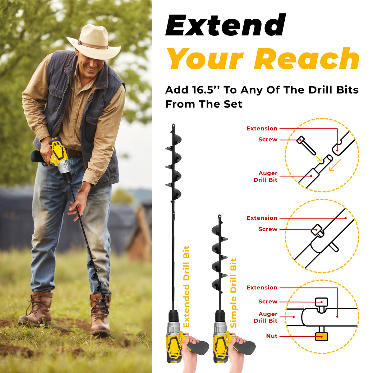 Auger Drill Bit for Planting 3 Pack with Extension - 3/8'' Hex Drive Drill