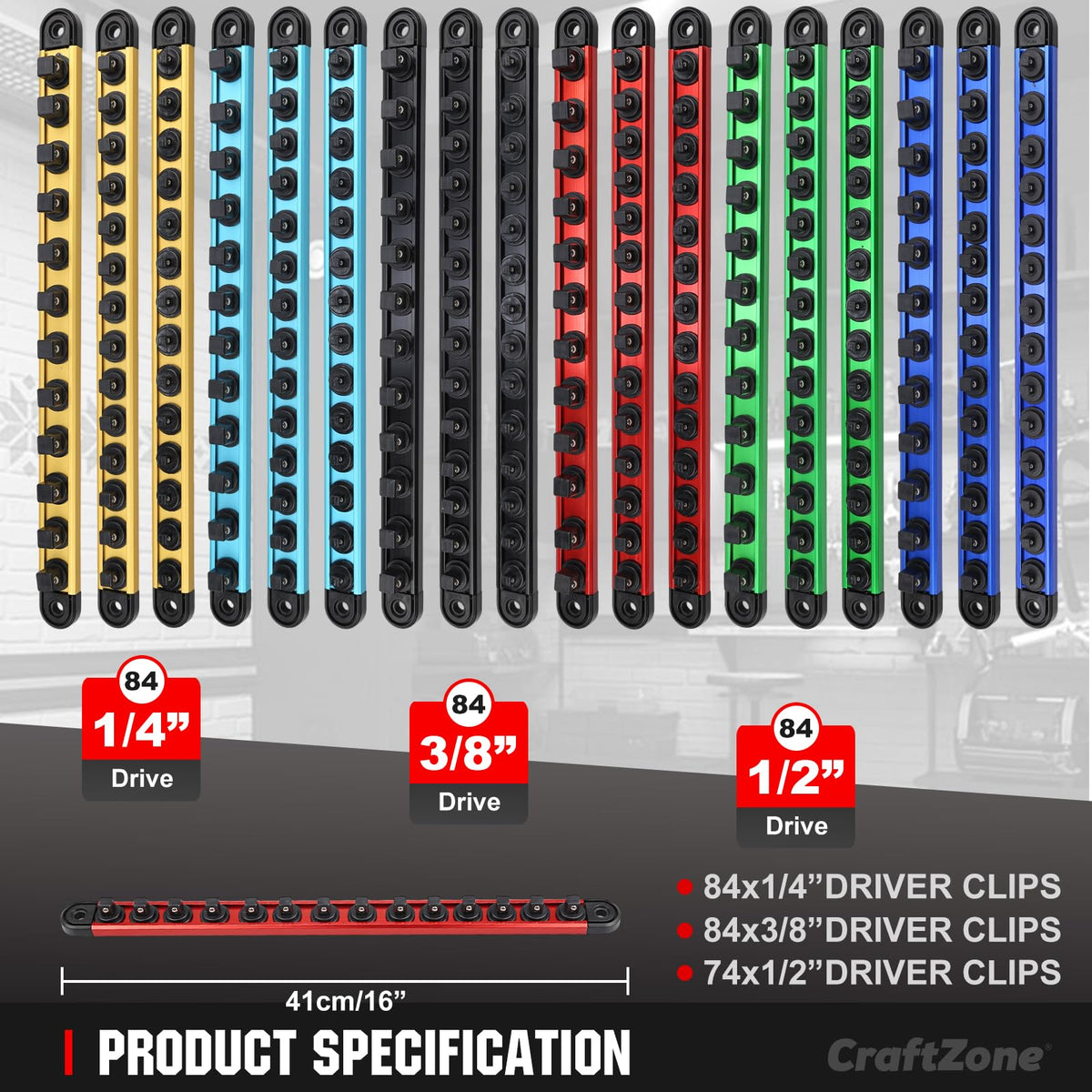 CRAFTZONE Socket Organizer Set - Socket Rail & Socket Holder with Ratchet Organizer - 240 Clips Total (84 for 1/4", 84 for 3/8", 72 for 1/2") - Socket Organizer for Tool Box Drawer.
