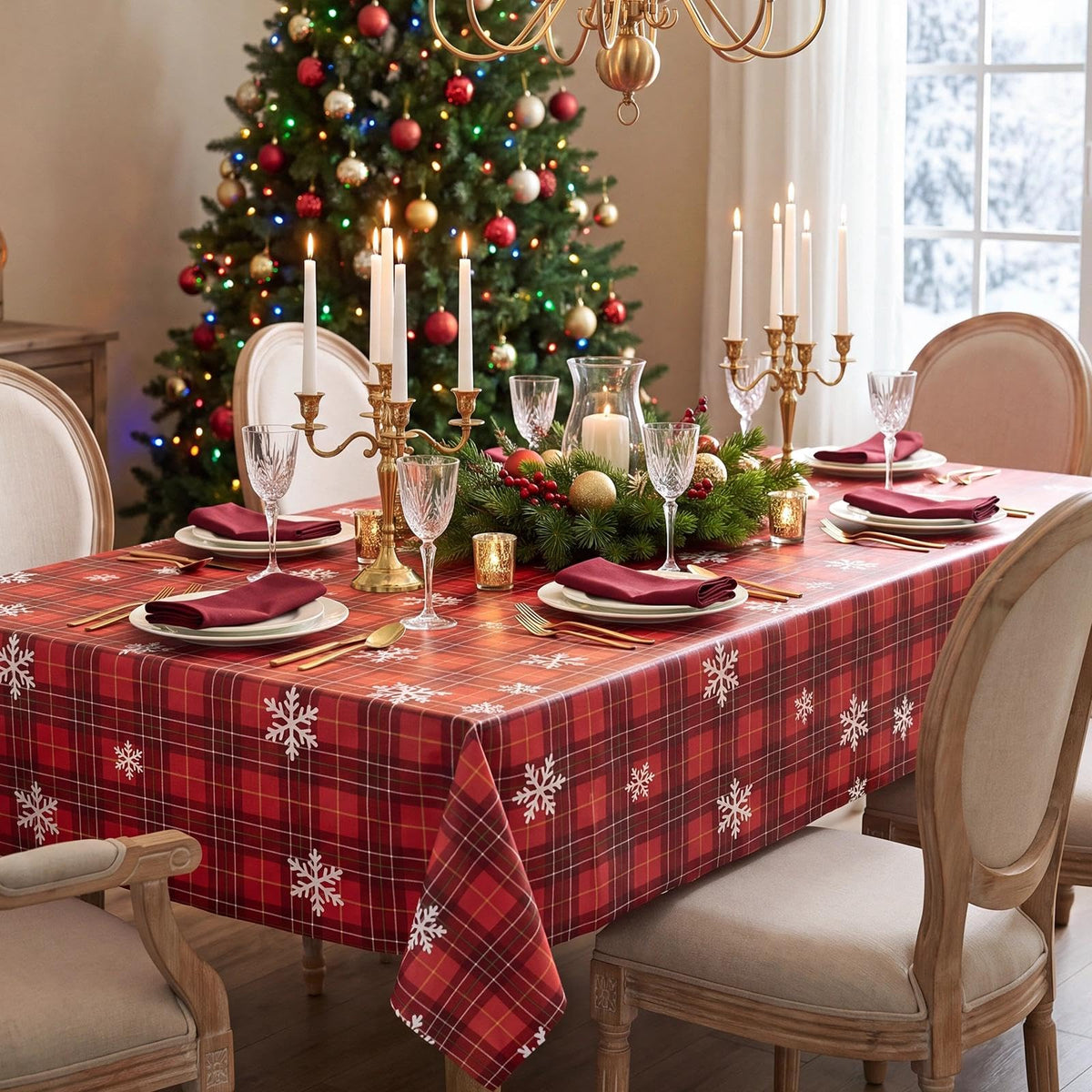 Christmas Plaid Vinyl Tablecloth, Rectangle 54 x 78, Red