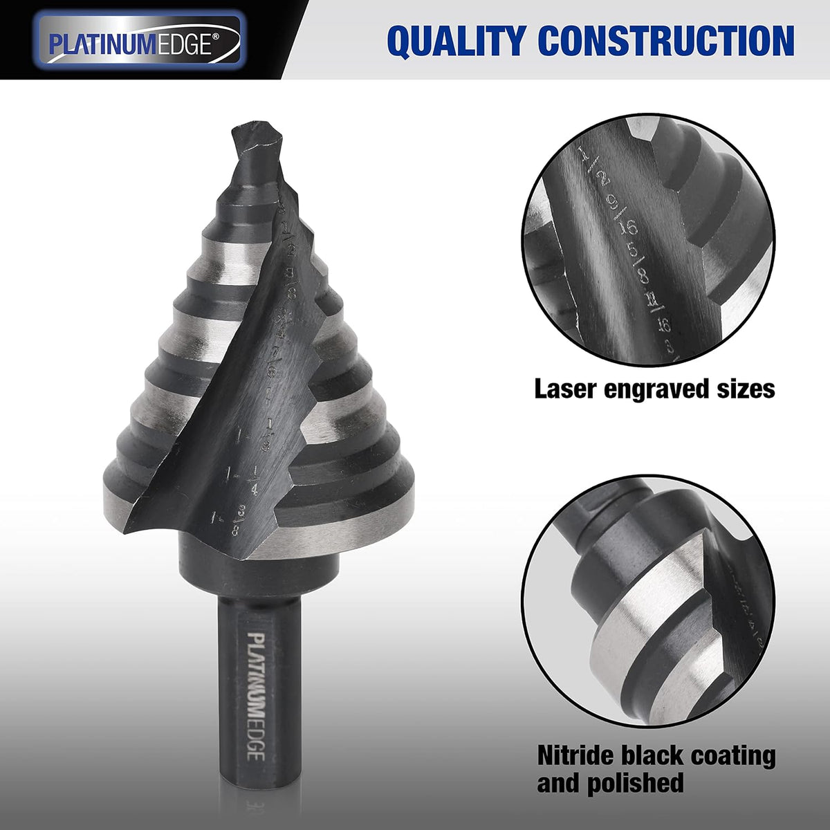 PLATINUMEDGE Step Drill Bits Set, 5 Pcs High Speed Steel Step Drill Bit for Sheet Metal, 50 Step Sizes Hole Drilling, Double Flute Cutting Blades, Nitride Black Coating and Polished, Storage Box