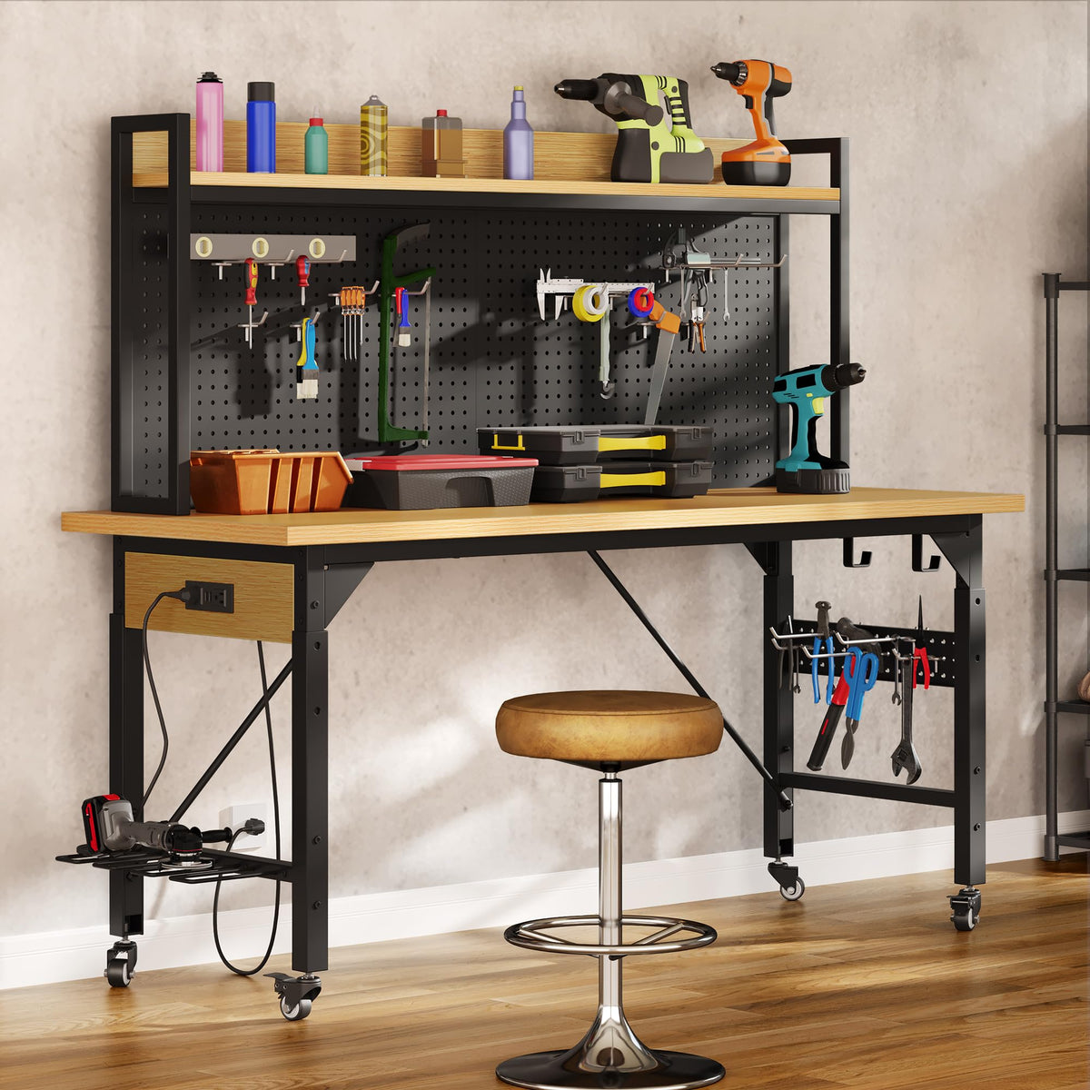 48in Adjustable Workbench with Pegboard & Wheels & Outlets