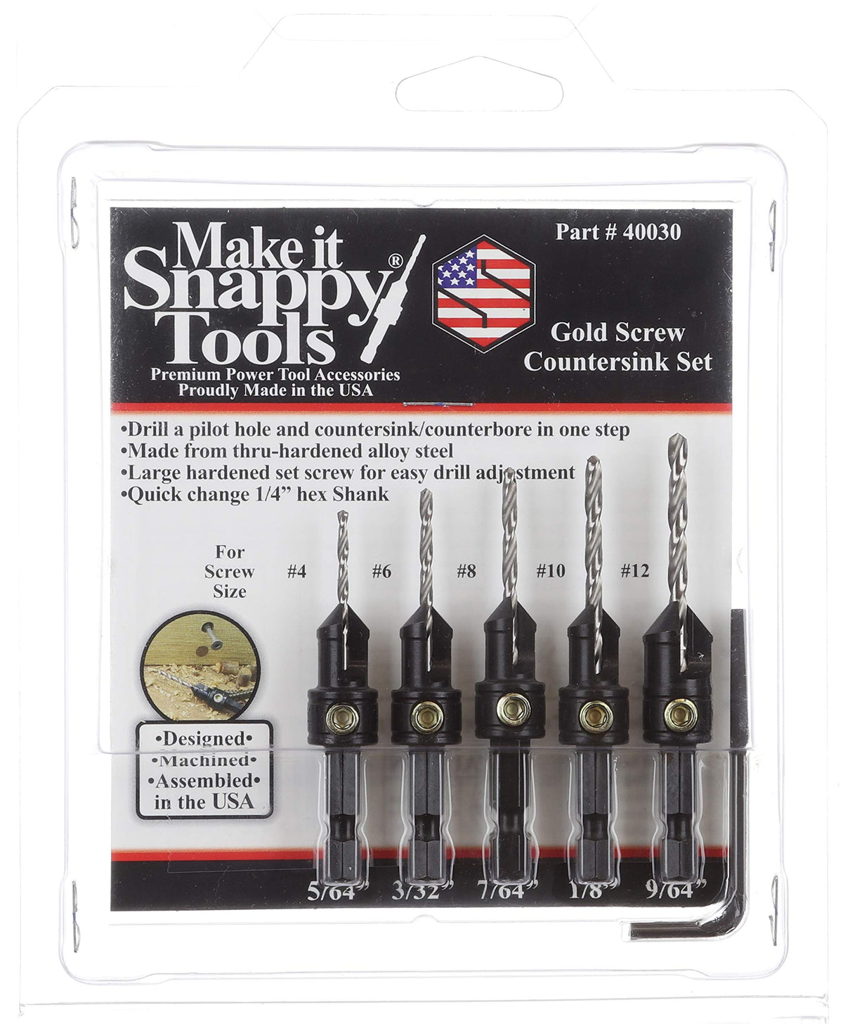 Make it Snappy Tools Brand Quick-Change 5-Pc. Countersink Drill Bit Set with Case. Proudly Made in The USA