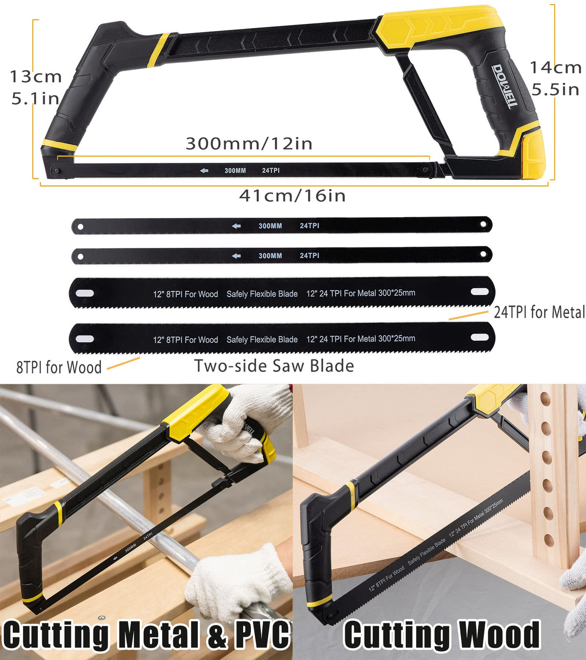 DOWELL Hacksaw Set, 3 Pcs Hack Saws for Metal, 12",10",6" & 8 Extra Blades