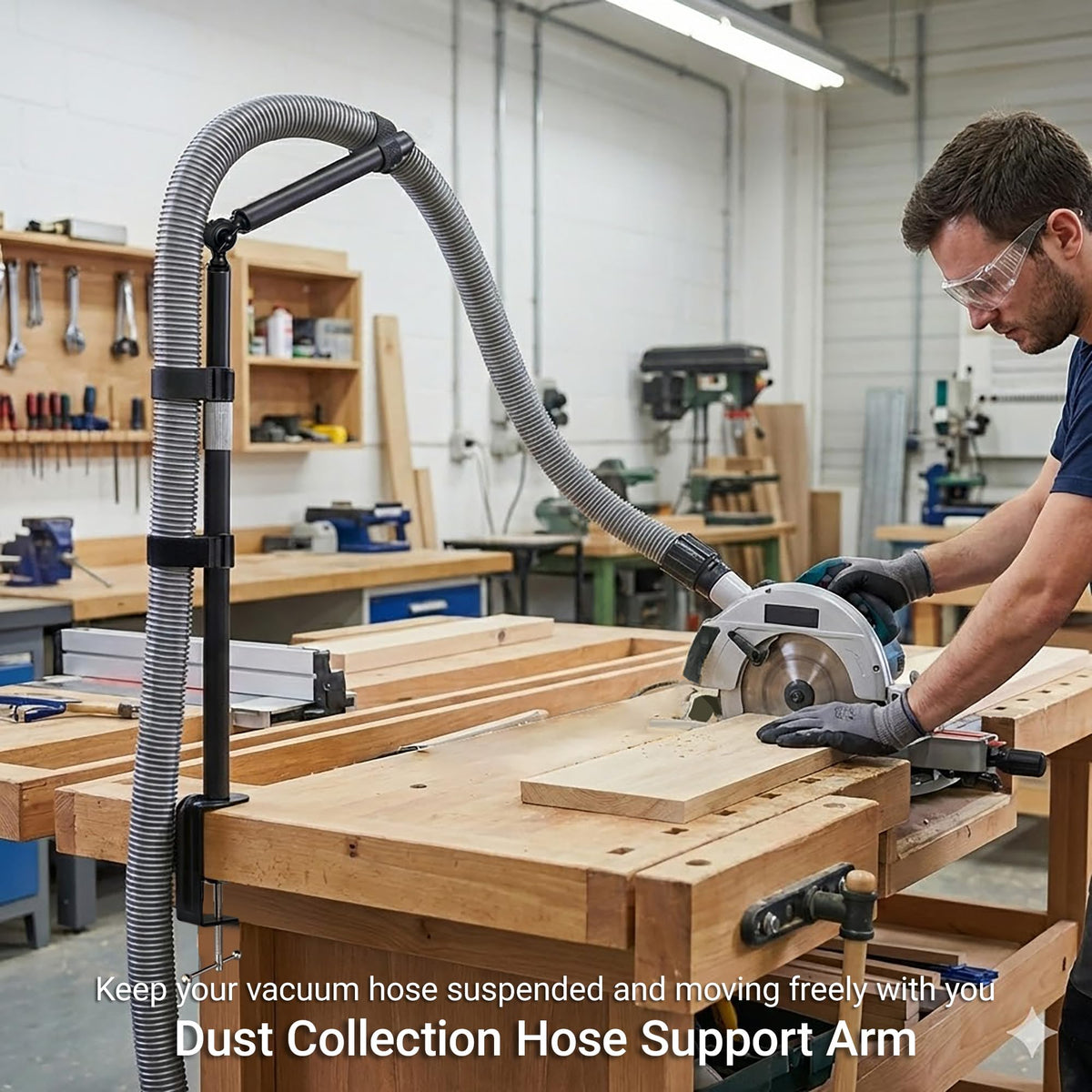 Dust Collection Boom Arm, Tool Free Clamp On Vacuum Hose Mount for Desktop CNC Machines, Adjustable Overhead Support Hose Holder for more Shop Vac Hoses, Table Saw Dust Collection System(Without Tube)