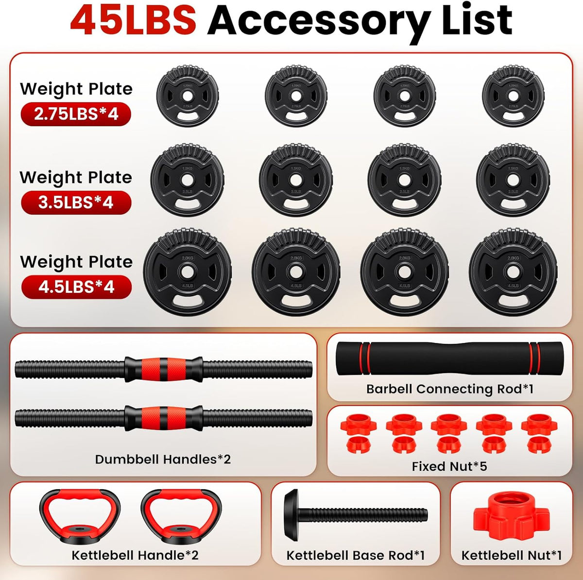 Adjustable Dumbbell Set, 22/33/45/70/90lbs Free Weight Set with Connector, 5-in-1 Dumbbell Set for Barbells