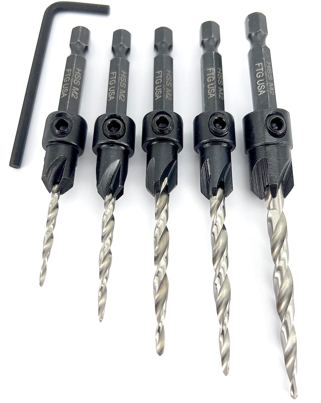 FTG USA 5 Pc #4#6#8#10#12 Countersink Drill Bit Set, Tapered Bits