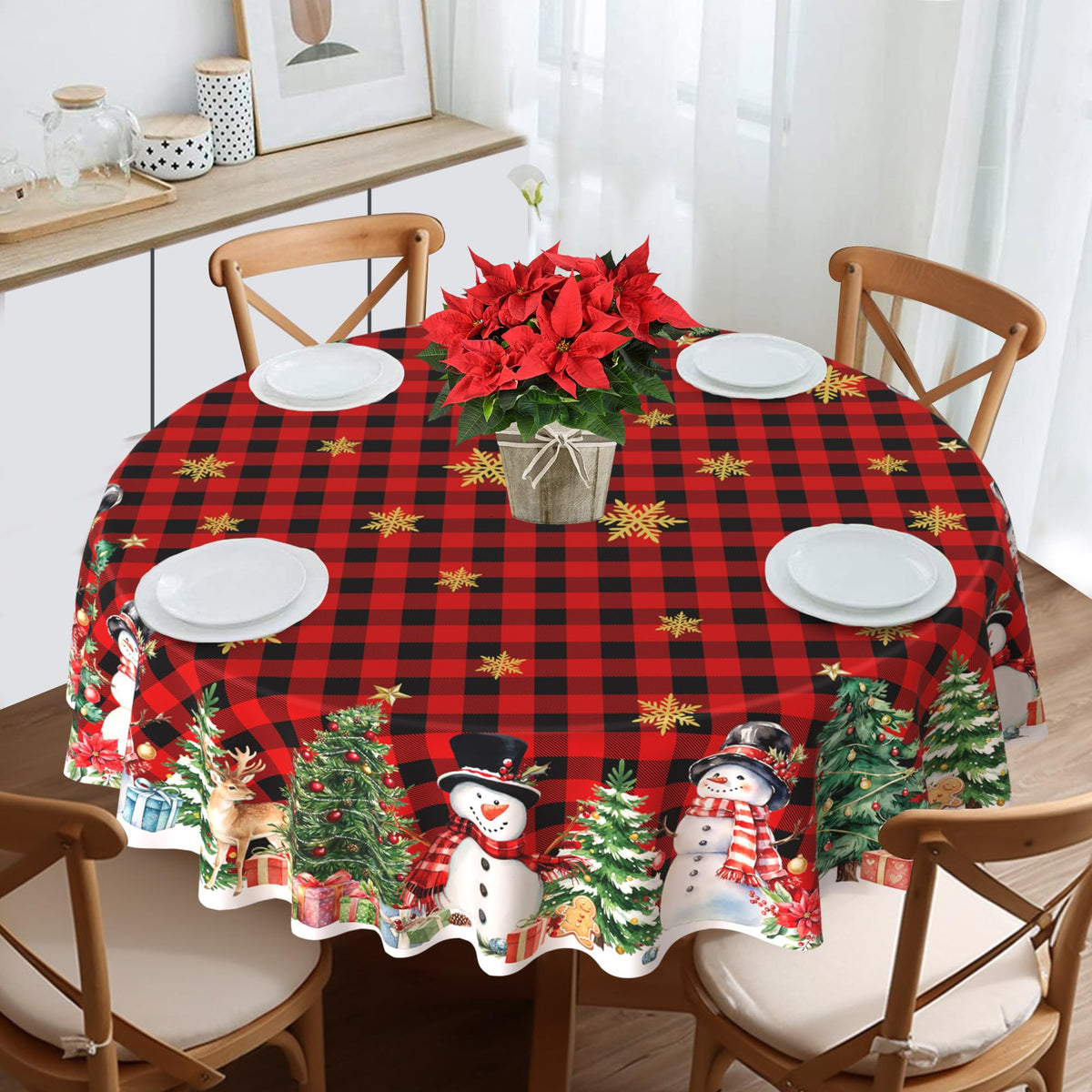 Round Christmas Tablecloth 70 Inch, Snowman Table Cloth Red Xmas Indoor Decorations for Dining Room Party