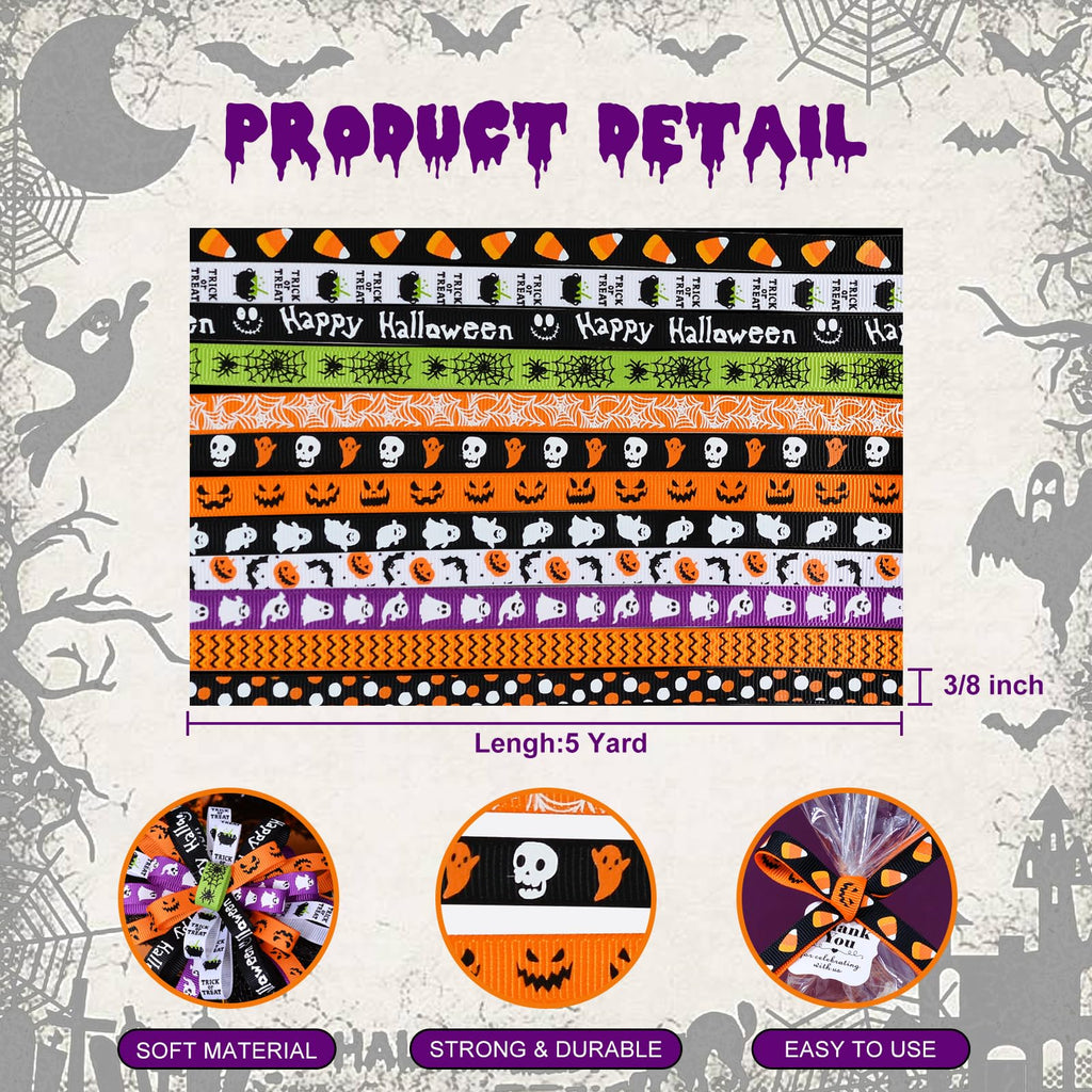 Halloween Ribbon Thin Grosgrain 3/8 Inches Thin Halloween Ribbons Set