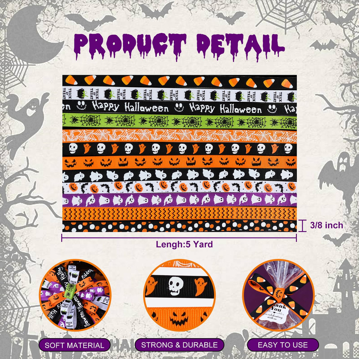 Halloween Ribbon Thin Grosgrain 3/8 Inches Thin Halloween Ribbons Set