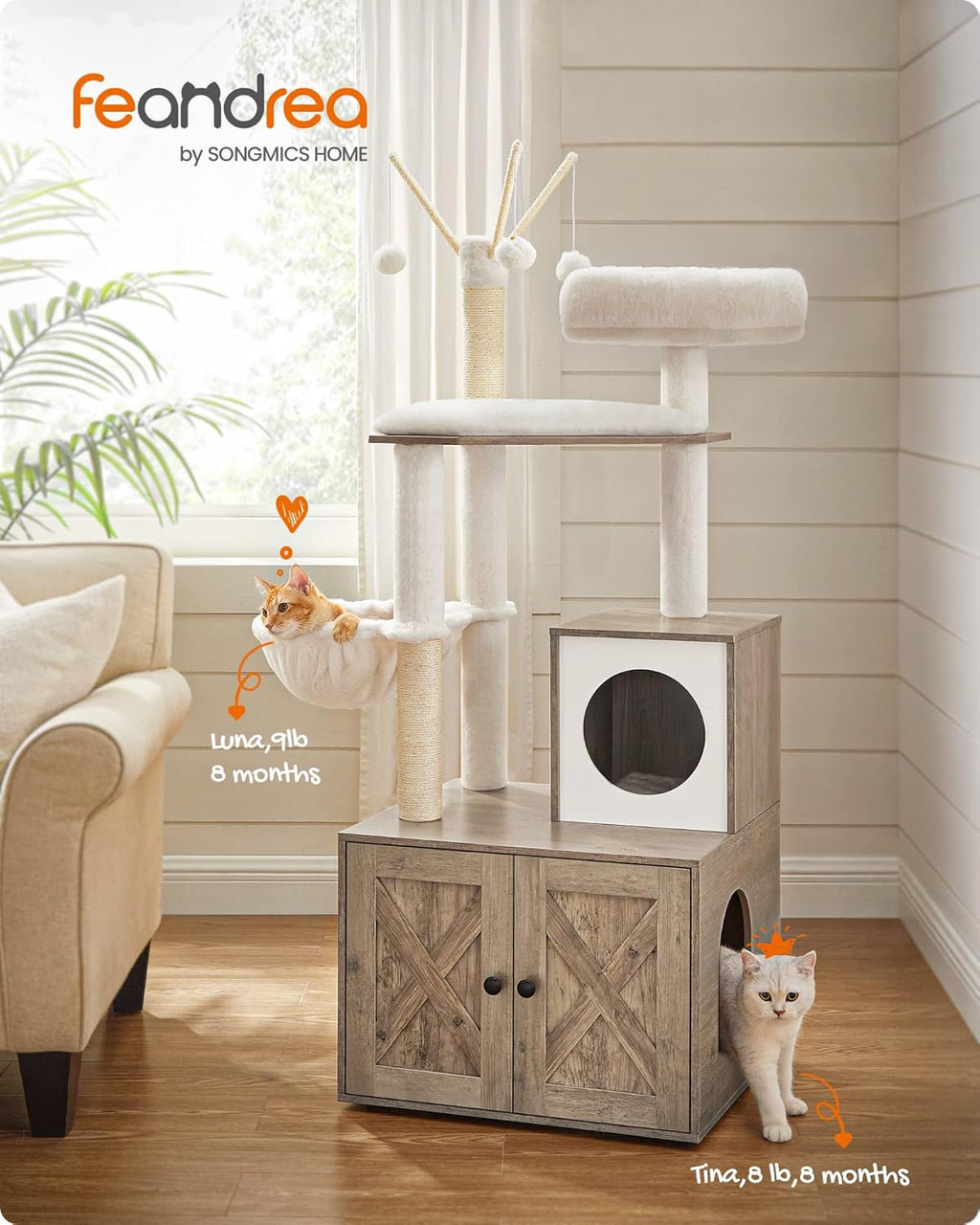 Cat Tree with Litter Box Enclosure, 59-Inch, 2-in-1 Condo