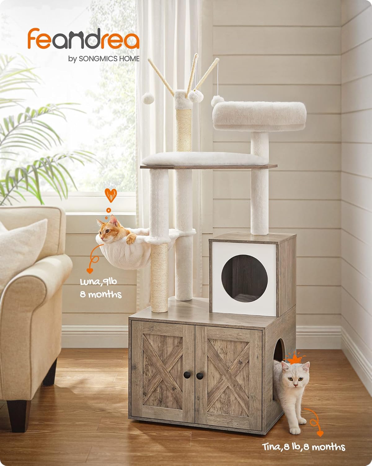 Cat Tree with Litter Box Enclosure, 59-Inch, 2-in-1 Condo