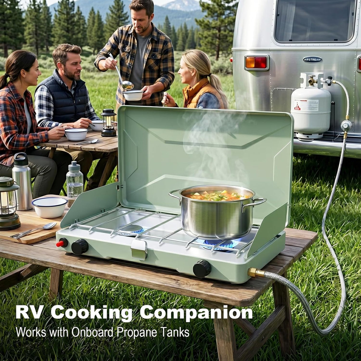 Portable Camping Stove, Propane Gas Camping Cooktop, 2 Burner, 20000 BTUs, Windscreen, Instant Ignition with