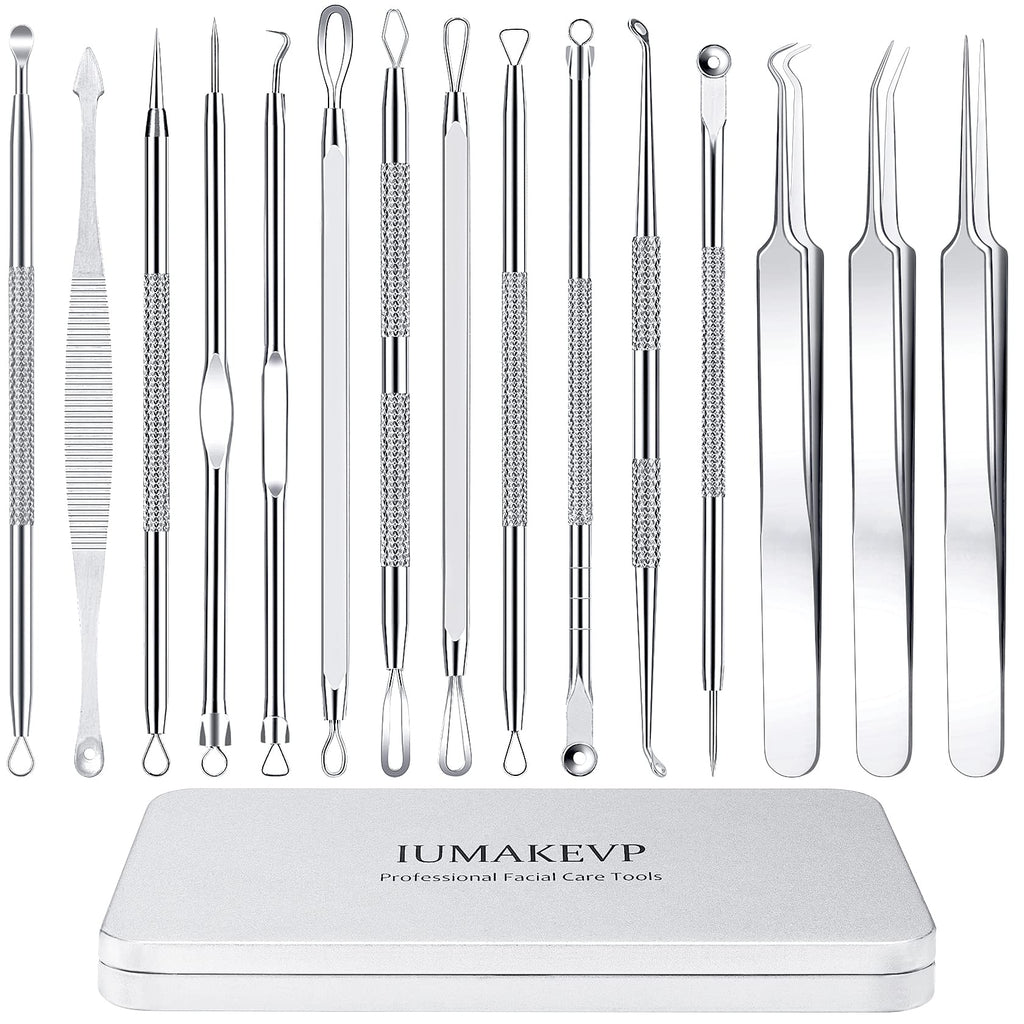 Pimple Popper Tool Kit, IUMAKEVP 15 PCS Professional Stainless Steel Blackhead Remover Comedone Extractor Tools for