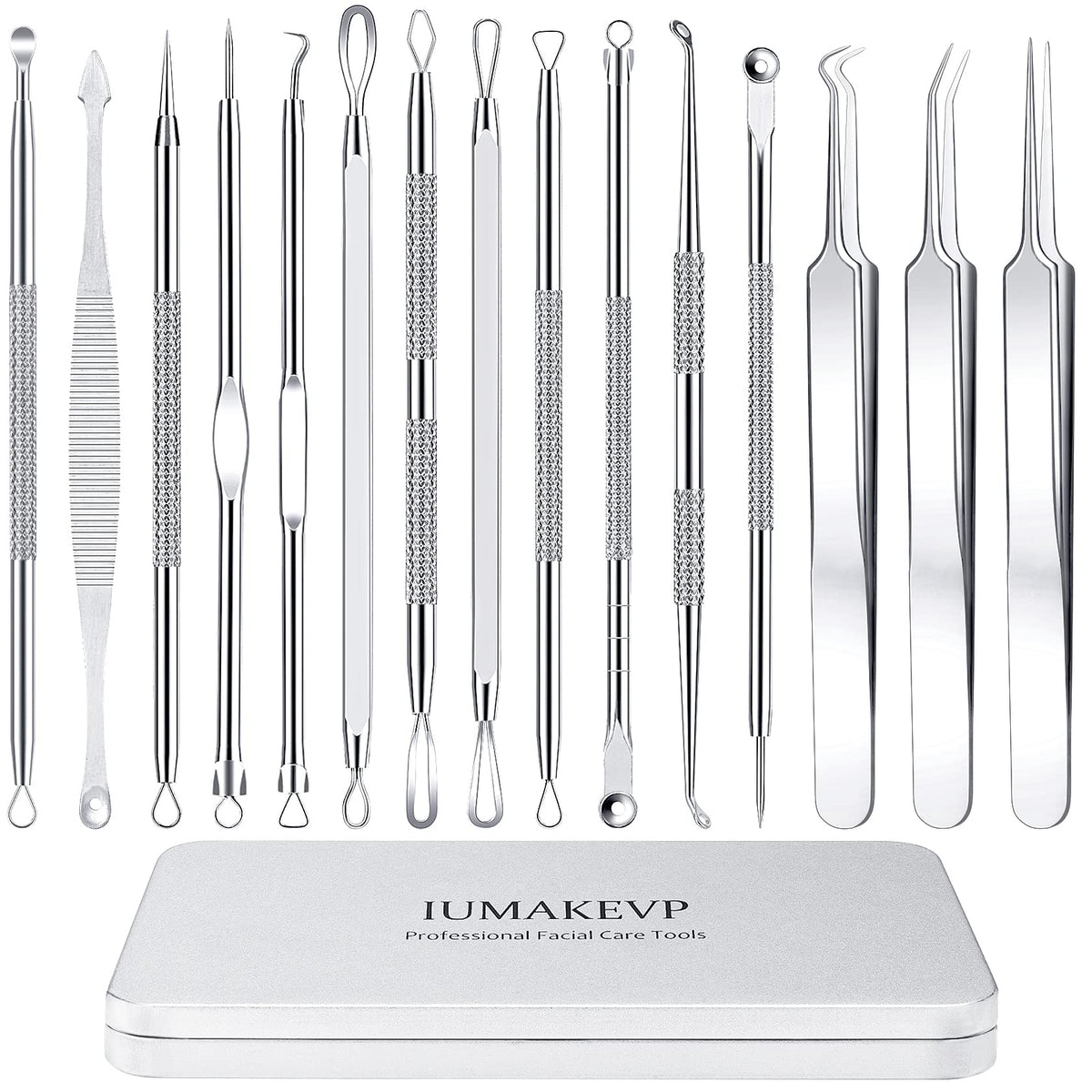 Pimple Popper Tool Kit, IUMAKEVP 15 PCS Professional Stainless Steel Blackhead Remover Comedone Extractor Tools for