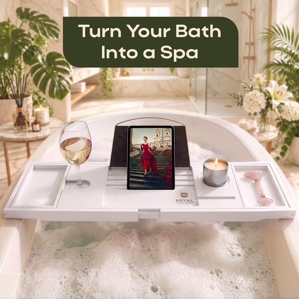 Premium Foldable Bathtub Tray Caddy - Wood Bath Tray for Tub, Bamboo Shelf, Expandable Bath Table Trays, Bathtub &