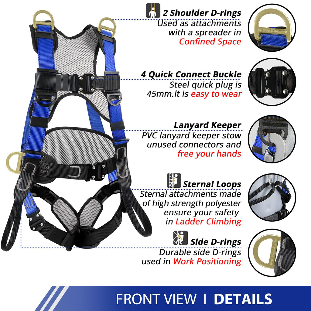 Safety Harness Fall Protection Upgrade 4 Quick Buckles Construction Full Body Harness with 6 Adjustment D-ring