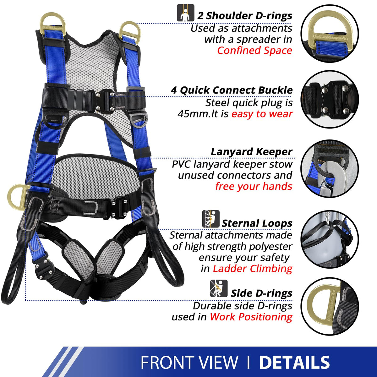 Safety Harness Fall Protection Upgrade 4 Quick Buckles Construction Full Body Harness with 6 Adjustment D-ring