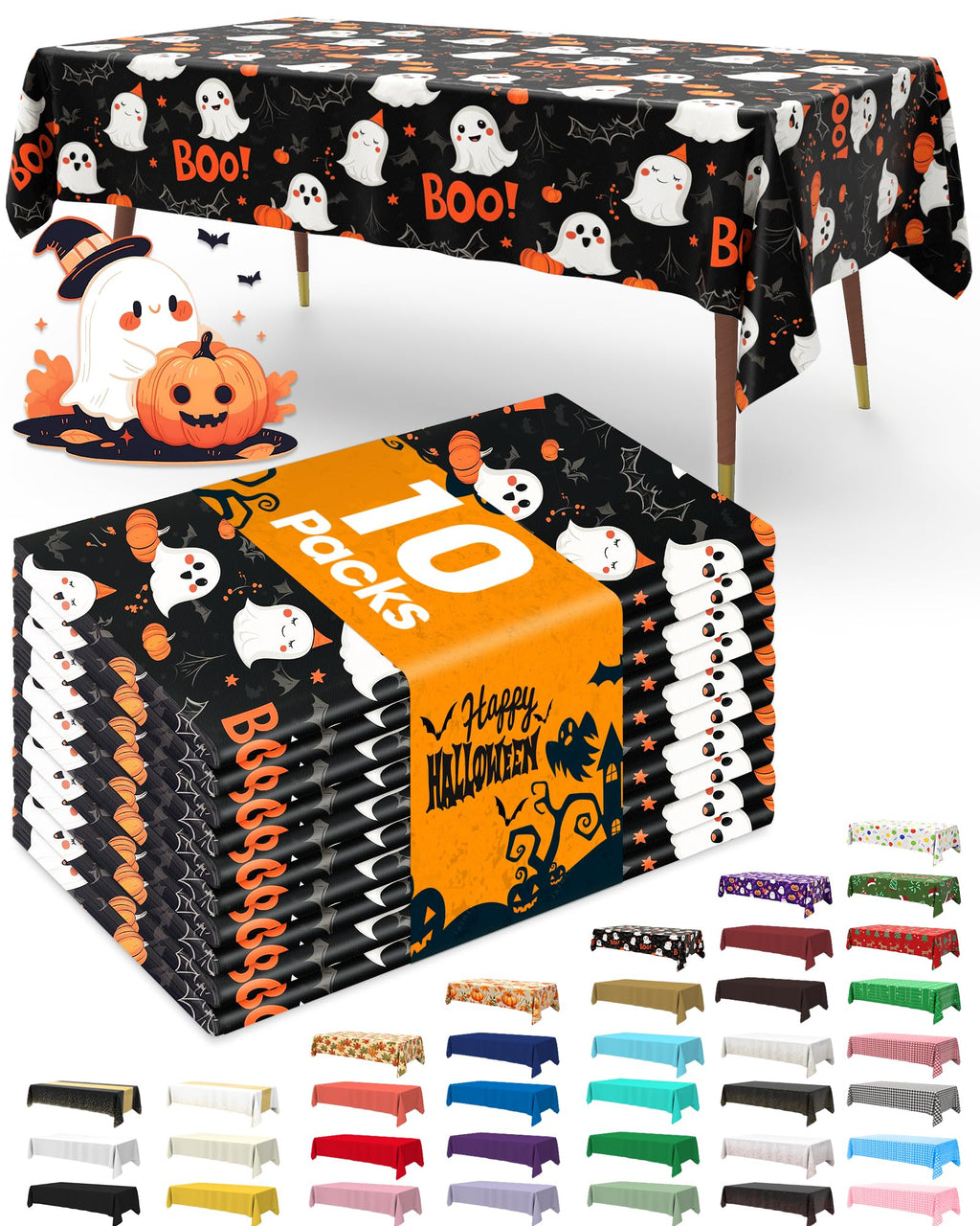 Plastic Table Cloth Disposable 54x108 Inch 10 Pack Halloween Black