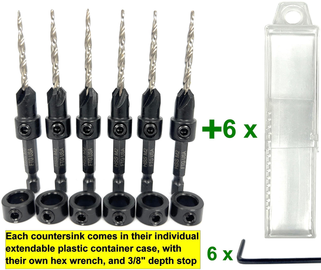 FTG USA 6 Pc #6 (9/64") Countersink Drill Bit Set with Tapered Drill Bits