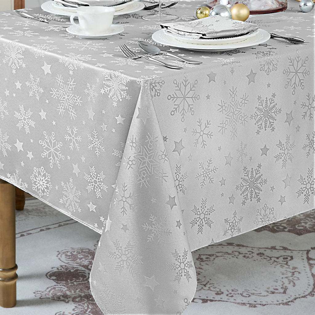 Silver Christmas Jacquard Rectangle Tablecloth with Snowflake