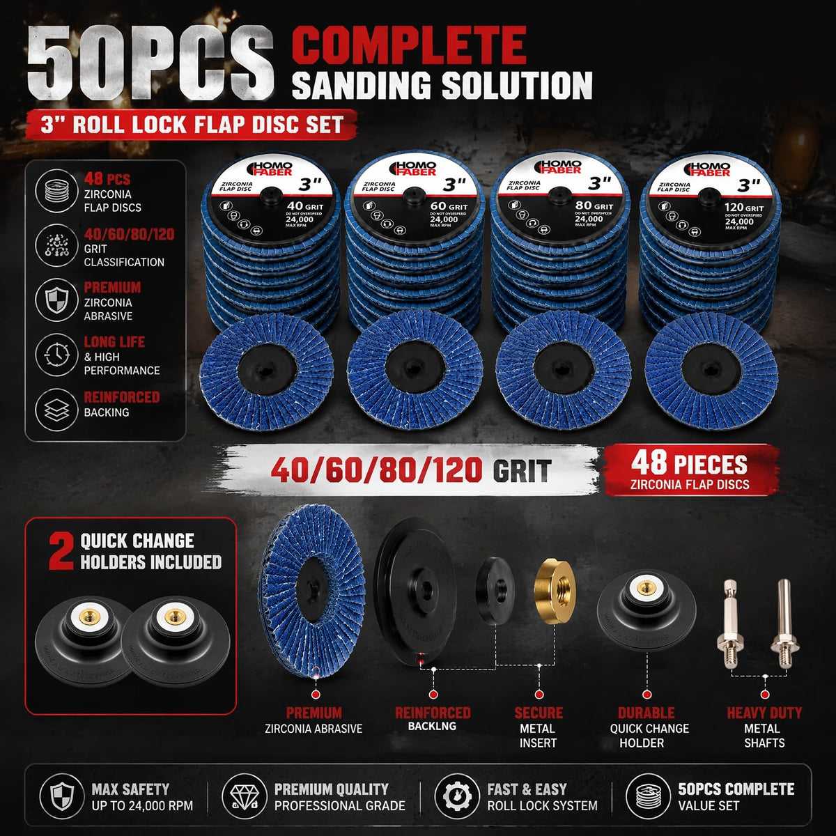 HOMO FABER 50Pcs Die Grinder Sanding Discs, 3 Inch Flap Discs Roll Lock