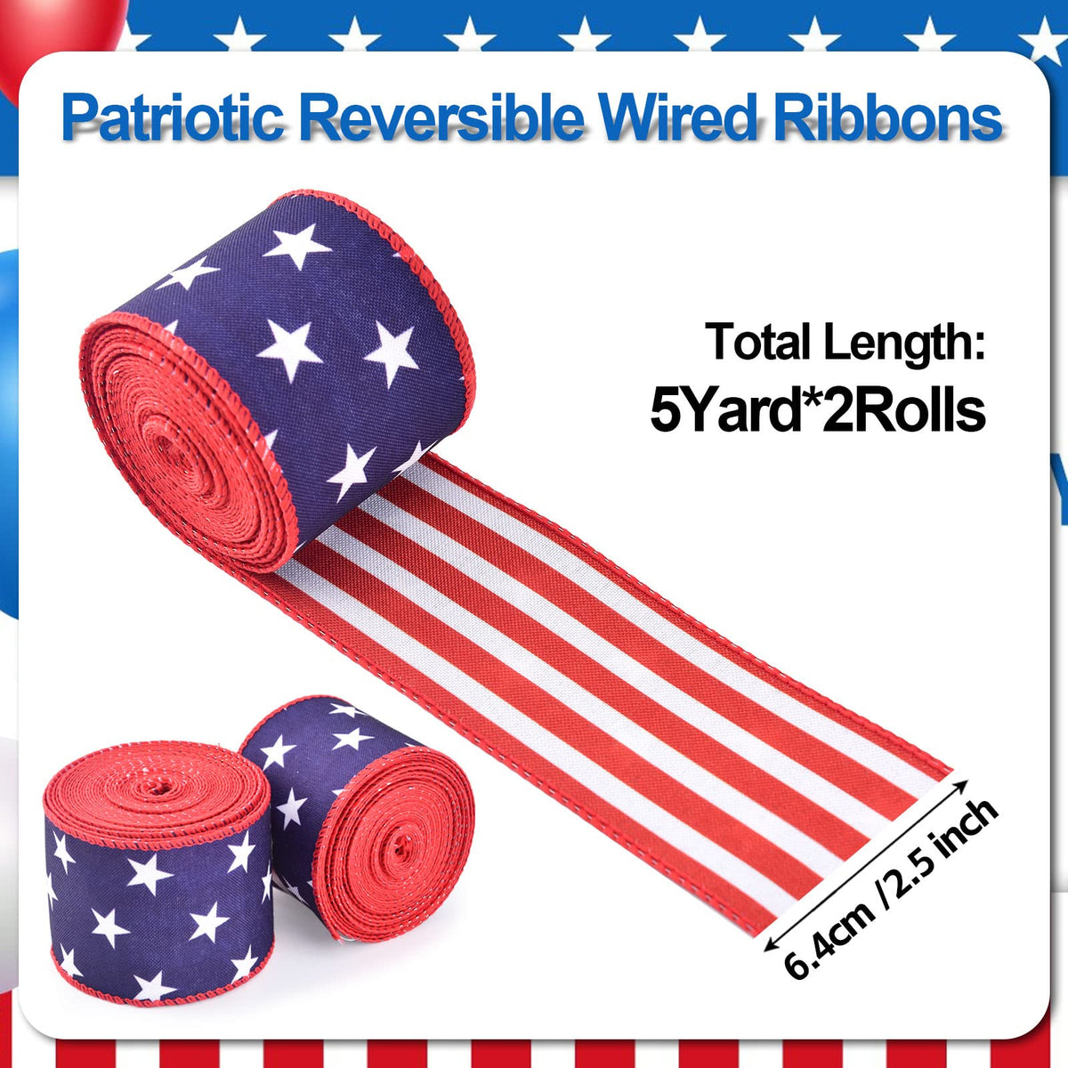 2 Rolls Patriotic Wired Edge Ribbon Stars and Stripes Reversible Ribbons Red White Blue Decorative Ribbon for 4th of