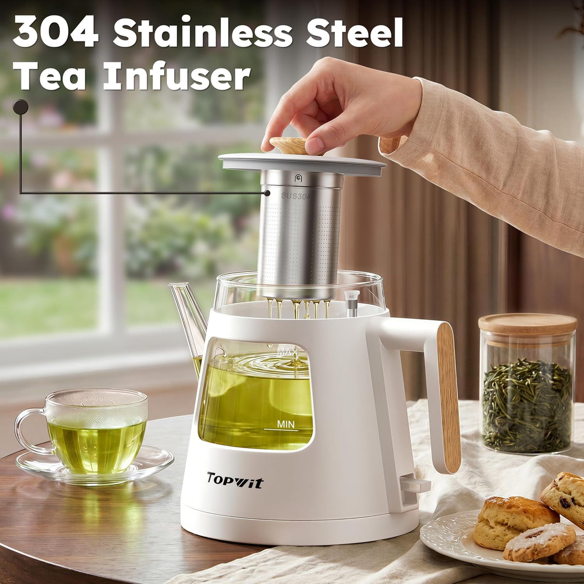 1L Gooseneck Electric Tea Kettle, Glass Electric Kettle, BPA-free | Removable Stainless Steel Tea Infuser, Visible
