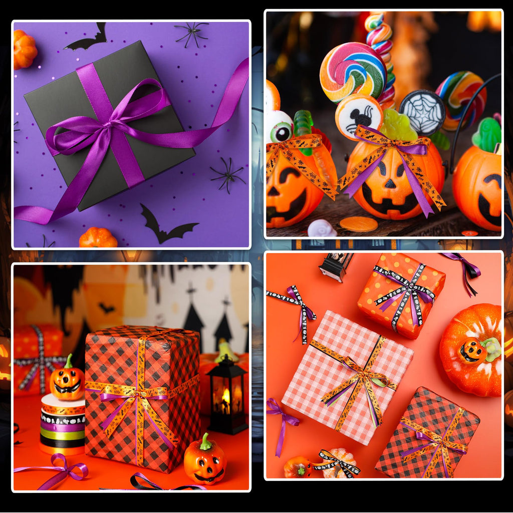 6 Rolls 150 Yards Halloween Ribbon Thin for Wreaths Bat Spider Web Pumpkin Print Grosgrain Ghost Witch Hat Ribbon