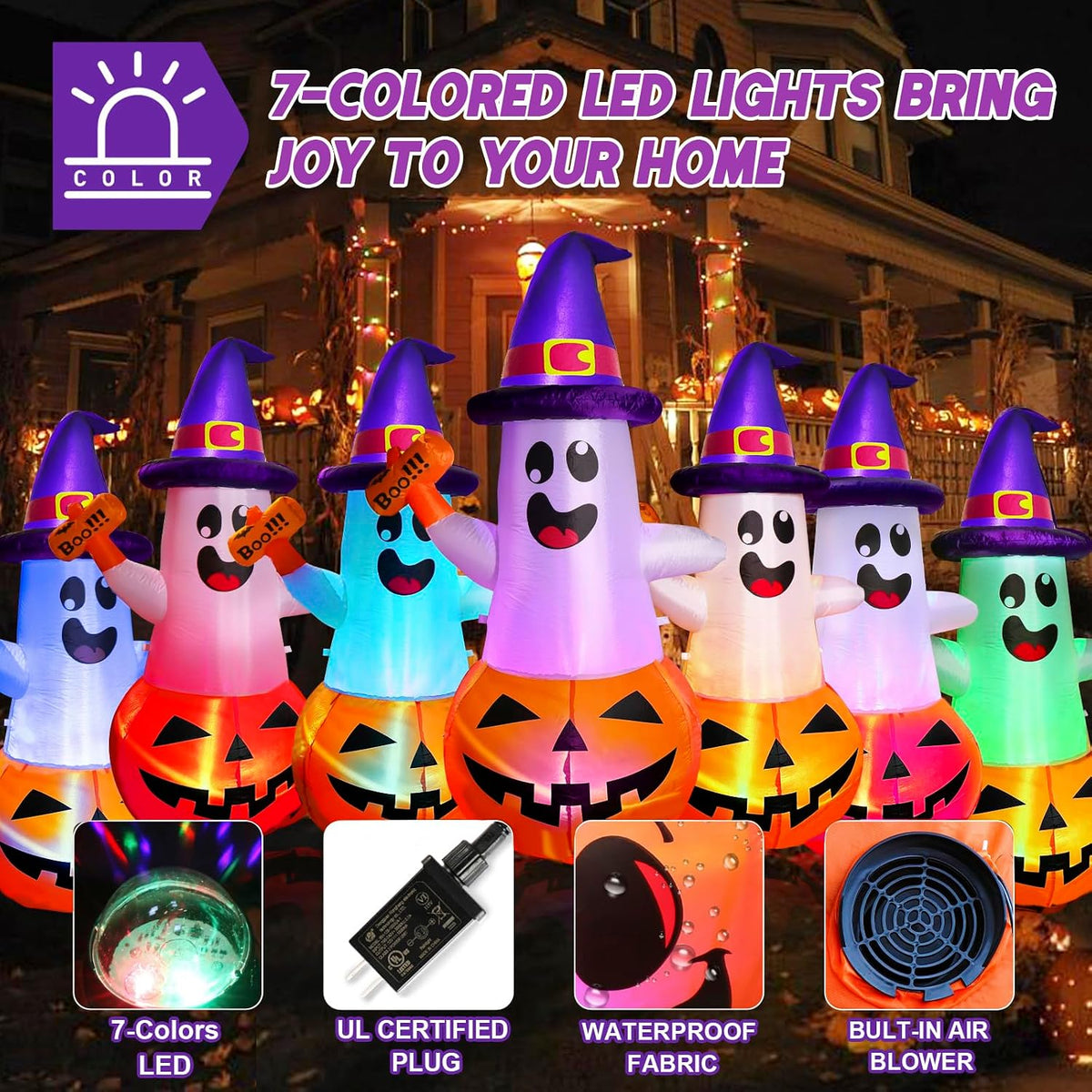 5FT Halloween Inflatables Decorations Outdoor Pumpkin Ghost with Multi-Color Flashing Build-in LED Blow Up Yard Decor