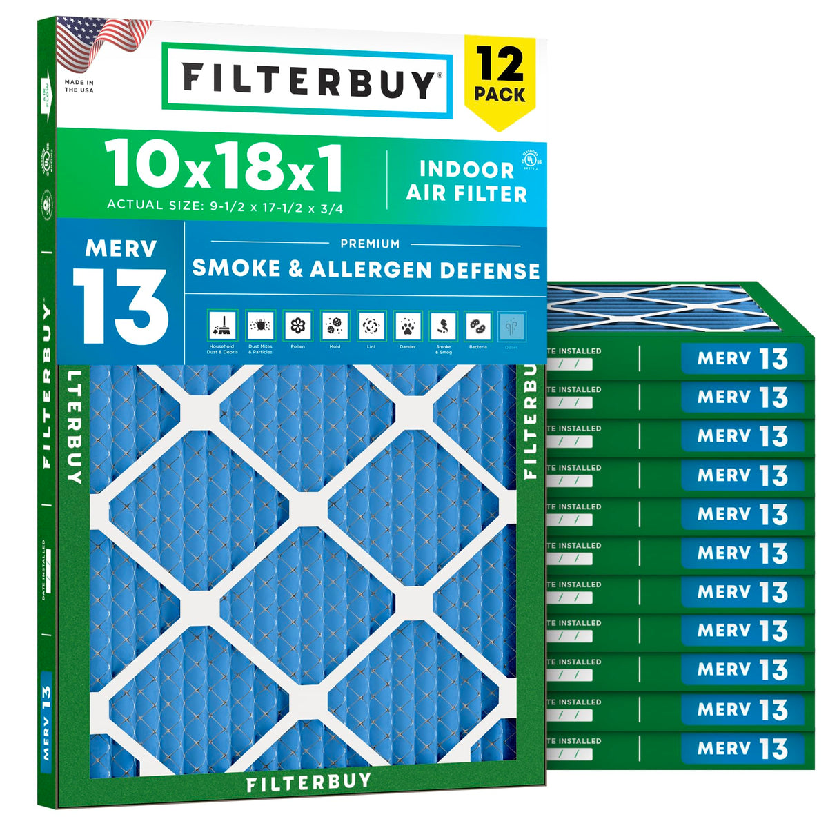 10x18x1 Air Filter MERV 13 Smoke & Allergy Defense (12-Pack)