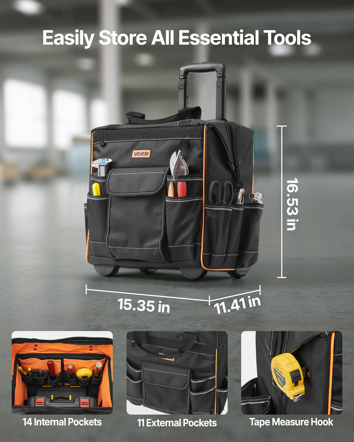 15" Rolling Tool Bag, 110 lbs Load Capacity, 25 Pockets Heavy Duty Roller Tool Bag on Wheels, Adjustable Telescoping