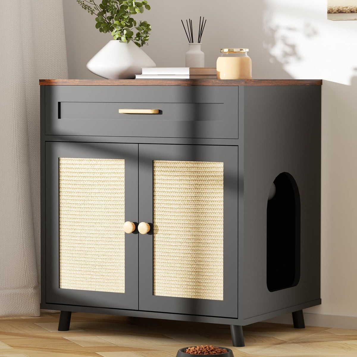 Cat Litter Box Enclosure Hidden Cat House with Scratching Board Doors