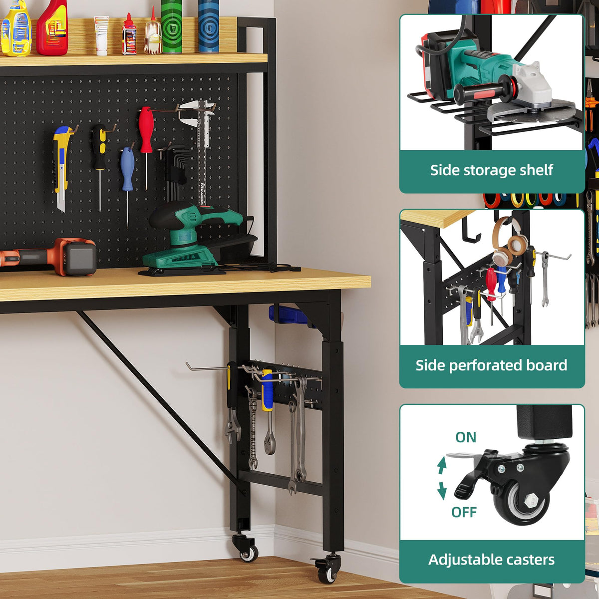60in Adjustable Workbench with Pegboard & Wheels 1600lb Load