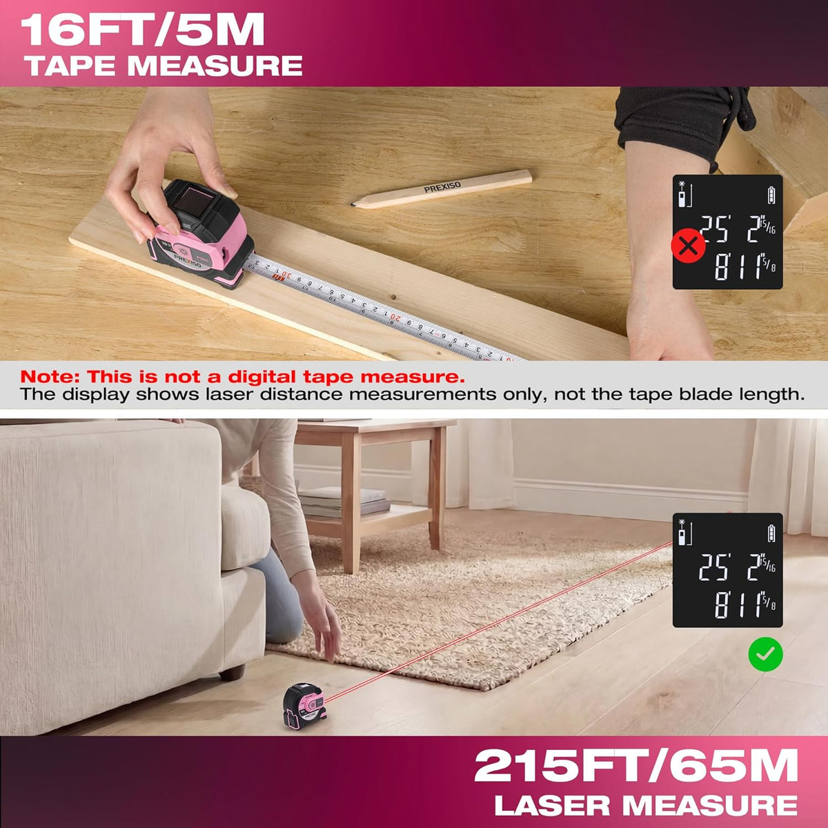 2-in-1 Laser Tape Measure- 215Ft Laser Measuring Tool & 16Ft Measuring Tape with Auto Lock & Magnetic Hook - Laser