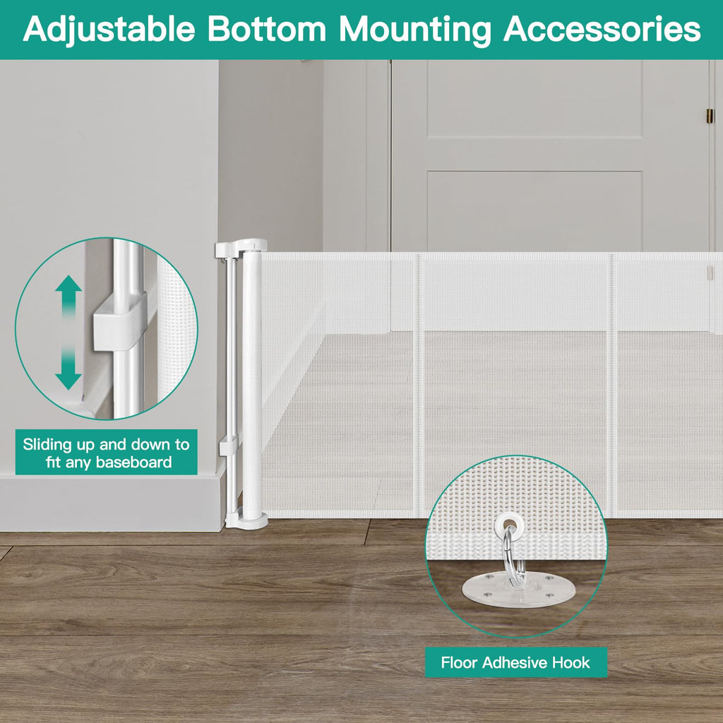 24" Tall x 150" Extra-Wide Retractable Indoor Mesh Pet & Child Safety Gate with One-Hand Safety Lock for Wide Openings, Patios & Stairways