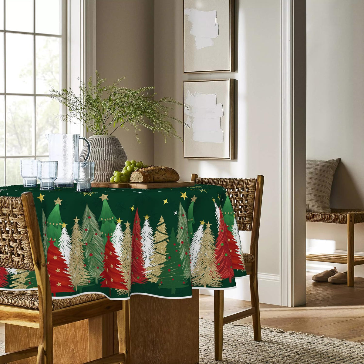 Christmas Tablecloth 70 x 70 Inch Round Christmas Trees Green
