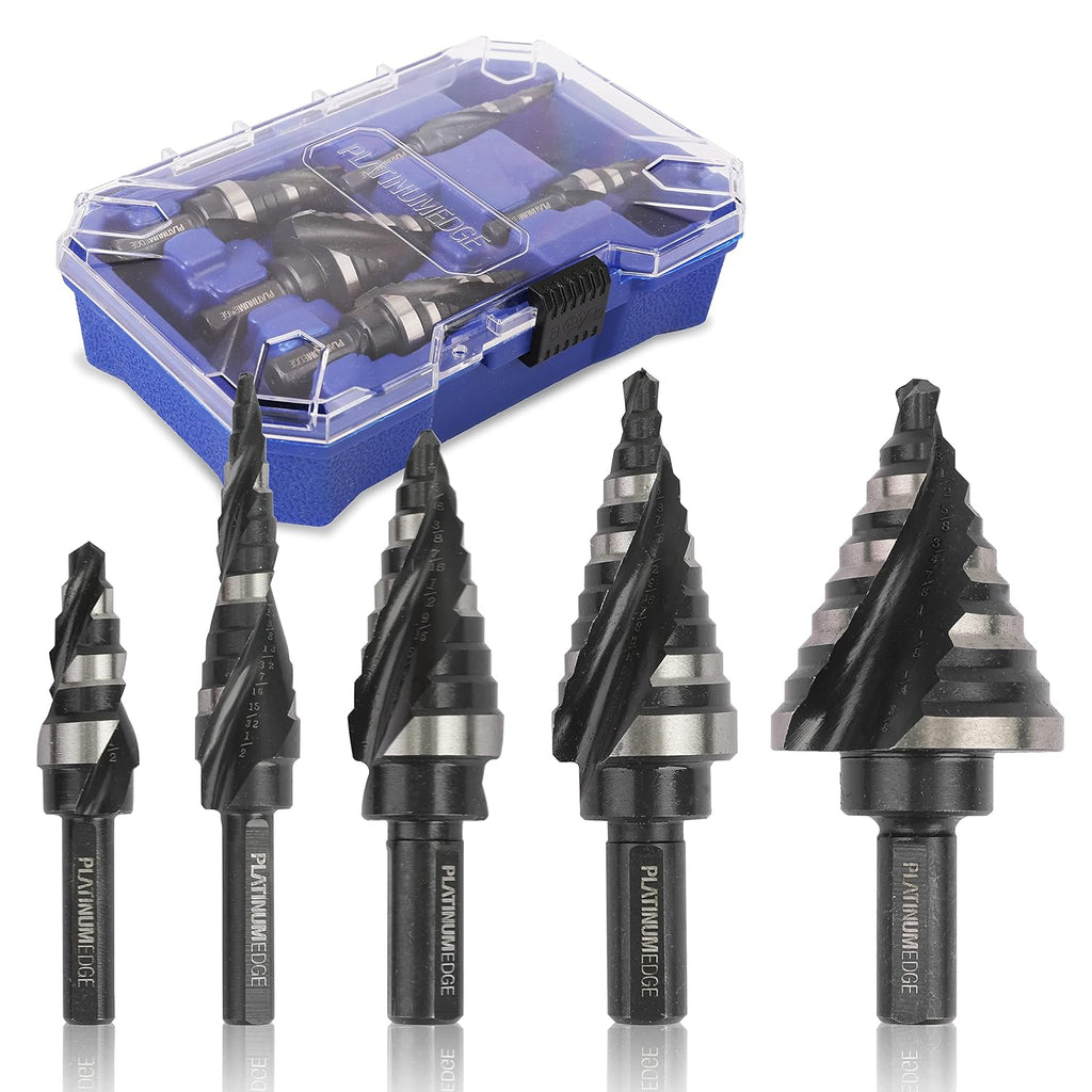 PLATINUMEDGE Step Drill Bits Set, 5 Pcs High Speed Steel Step Drill Bit for Sheet Metal, 50 Step Sizes Hole Drilling, Double Flute Cutting Blades, Nitride Black Coating and Polished, Storage Box