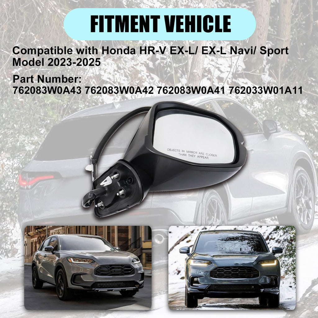 XQSMWF Passenger Right Side Door Mirror Assembly Fit for 2023-2025 Honda HR-V EX-L Sport - 8 Pins, Heated, Blind Spot, Turn Signal, Power Glass, Manual Fold - Black - Replaces 76208-3W0-A43 HO1321359