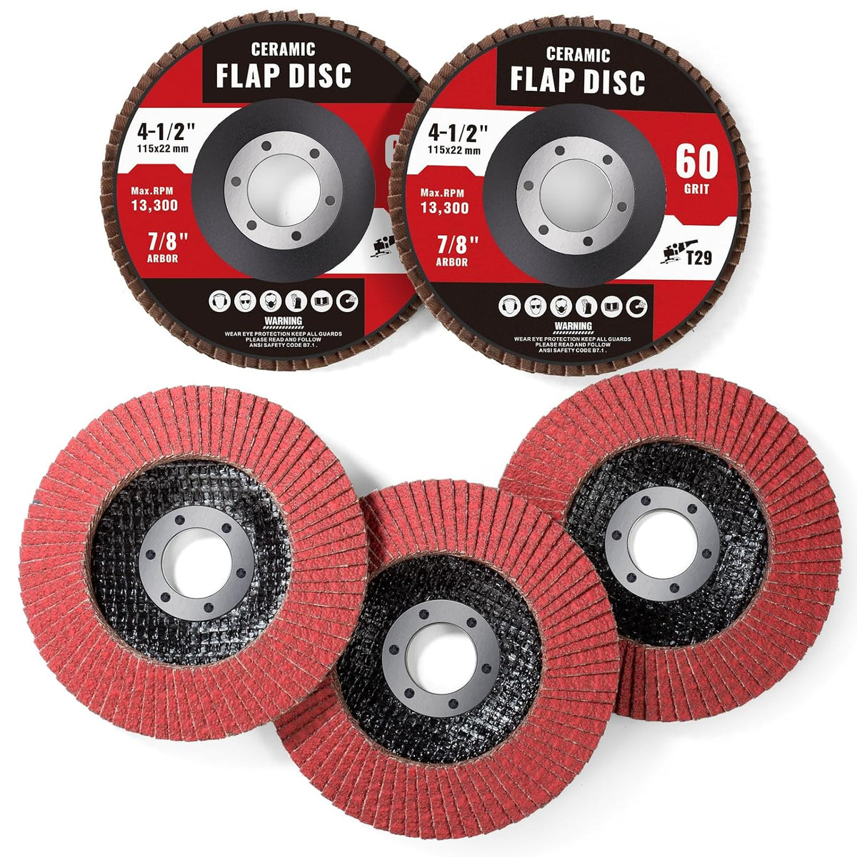 5 Pack Ceramic Flap Discs 4 1/2” 60 Grit Flap Discs for Angle Grinder T29 Grinding Wheels for Metal,Wood,Stainless Steel Heavy-Duty Aggressive Grinding