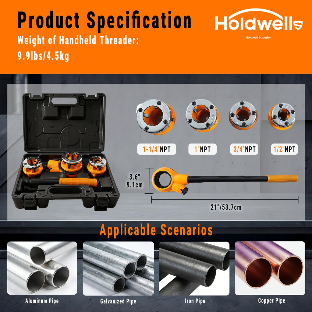 Holdwell S Ratchet Pipe Threader Kit w/ 4 NPT Dies (1/2", 3/4", 1", 1-1/4"), Heavy-Duty 9SiCr Steel Threading Tool for Galvanized, Iron, Copper & Aluminum Pipes, Portable with Storage Case