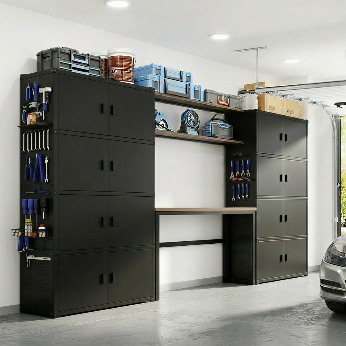 Garage Storage Cabinet System with Workbench & Pegboard, Black