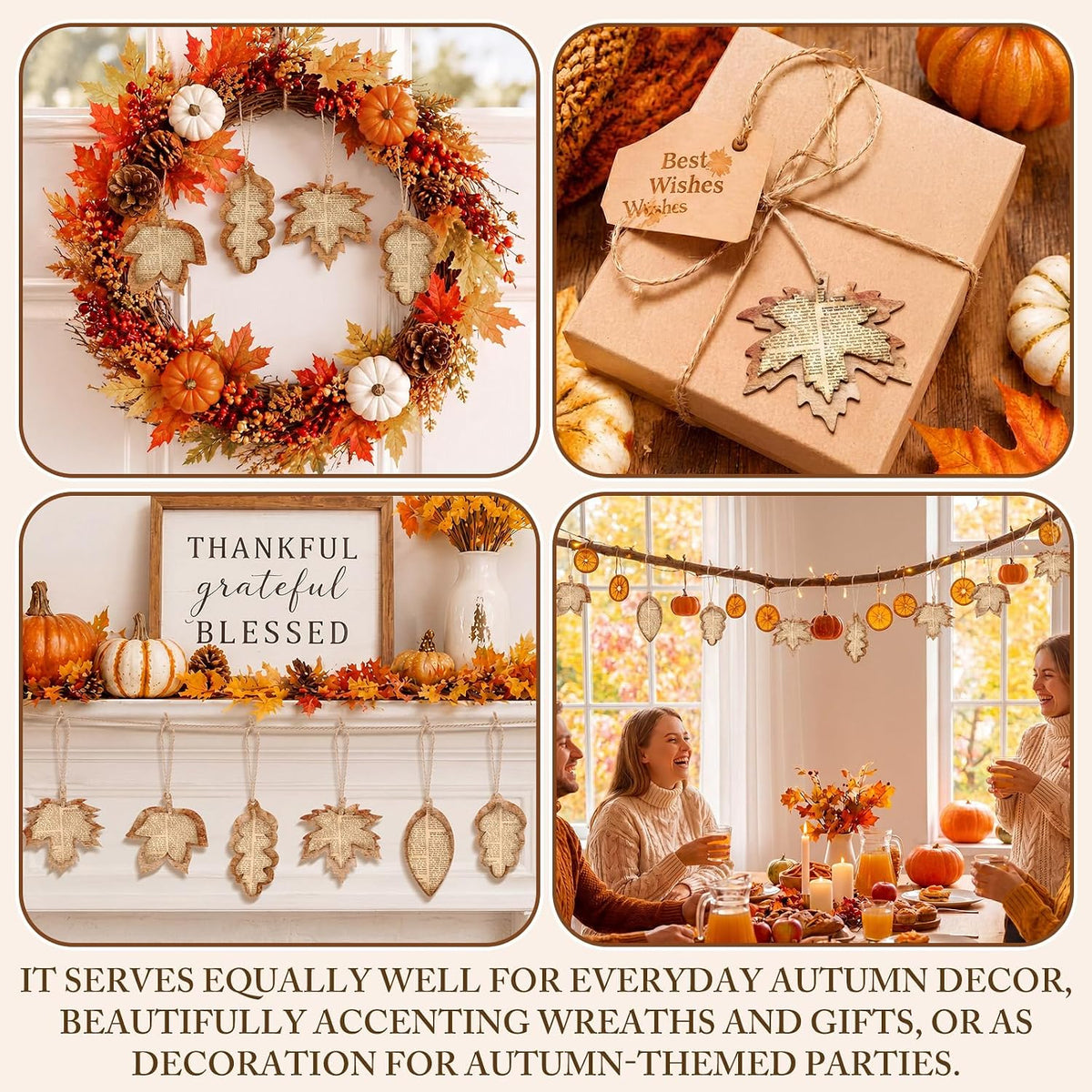 12 Pcs Vintage Fall Leaves Decorations Wood Rustic Fall Leaves Hanging Book Newspaper Design 3D Maple Leaf Decoration